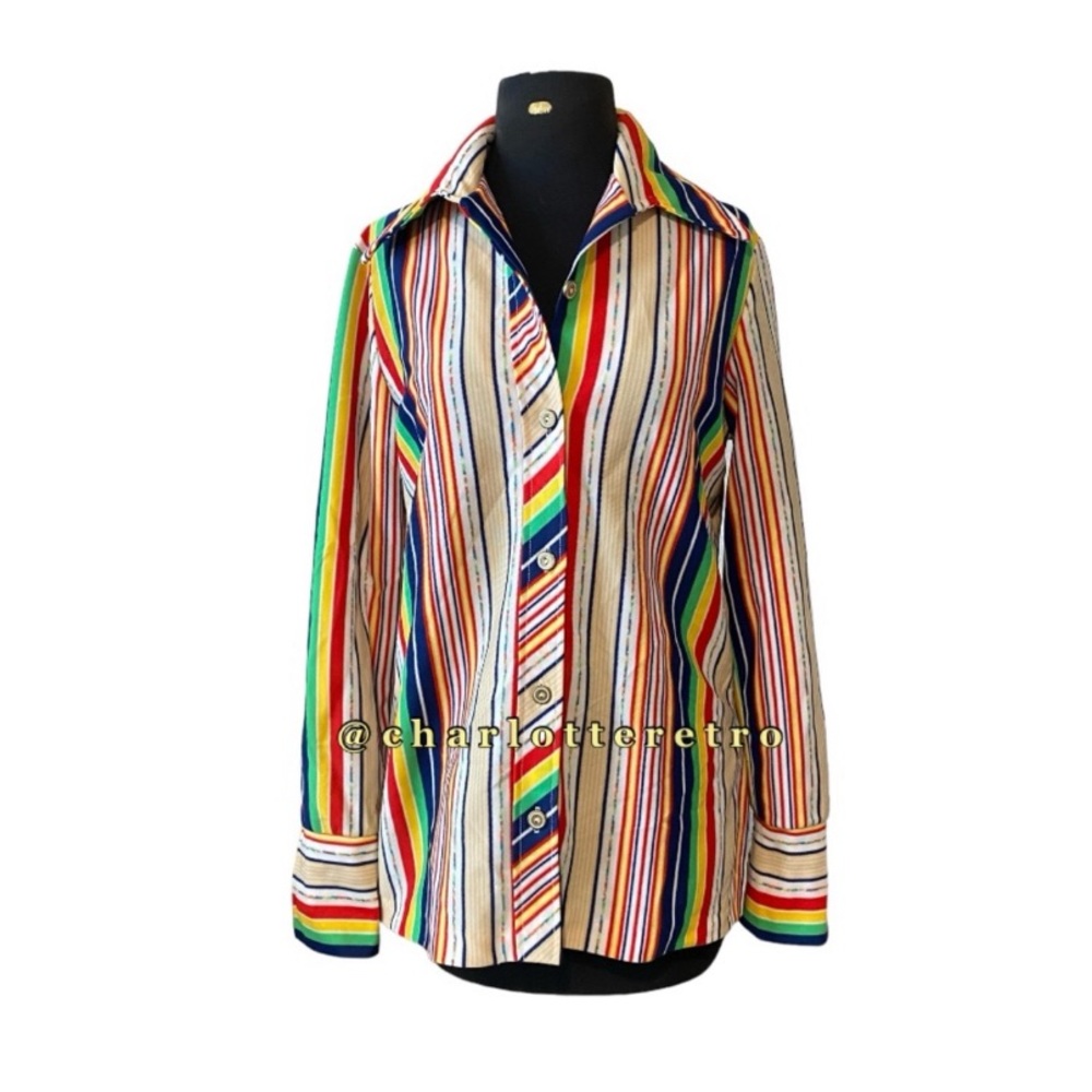 70s vtg Poly Striped Blouse w Pointed Butterfly Collar